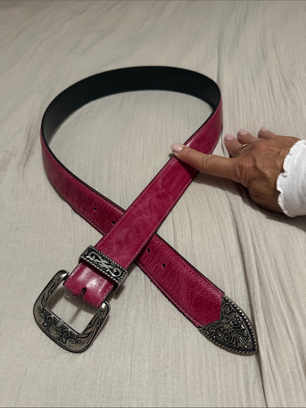 Magenta Leather Western Belt with Ornate Silver-Tone Buckle